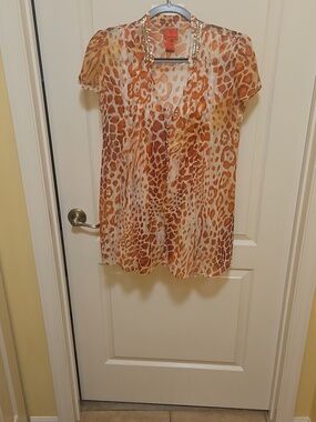 V Christina animal Print Sheer Top Cute Style Metal Detail On Neck Size (L)